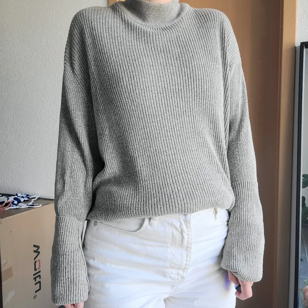 Perry Ellis Oatmeal Ribbed Knit Silk/Cotton Long Sleeve Mock Neck Sweater - XL - Picture 3 of 16